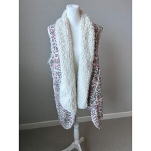 Hei Hei Anthropologie‎ Cream Bohemian Floral Vest Faux Fur Collar Sleeveless L